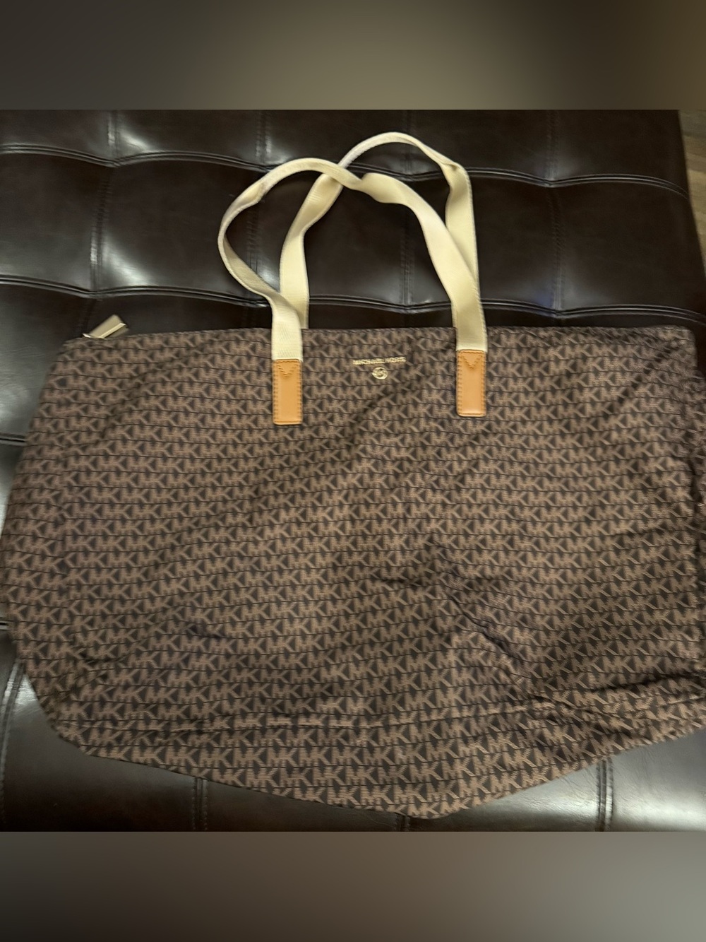 Authentic Michael Kors Brown Logo Jet Set Large Packable Nylon Tote